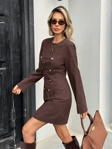Serisse Women's Striped Round Neck Long Sleeve Button Design Napoleon Short Dress,Fall/Winter Elegant Formal Luxury Business Chic Basic Christmas - Multicolor - View 5
