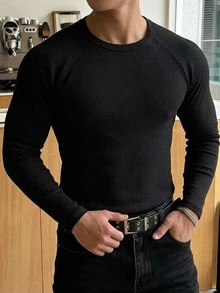 DAZY Spring/Autumn Black Slim Fit Raglan Sleeve Crew Neck Ribbed Elastic Knit Fabric Streetwear Men's T-Shirt - Black - View 10