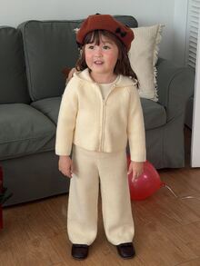 DAZY Infant (Girl) Solid Color Casual Hooded 2 Pieces Sweater Set - Apricot - View 3