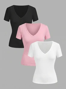 SHEIN EZwear 3件組女款素色V領短袖休閒T恤 - 彩色 - 查看 12