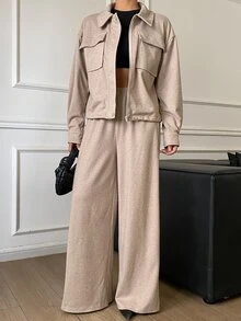 DAZY Women's Beige Lapel Zipper Pocket Long Sleeve Jacket With Matching High Waist Loose Wide Leg Pants 2 Pieces Set - Khaki - View 4