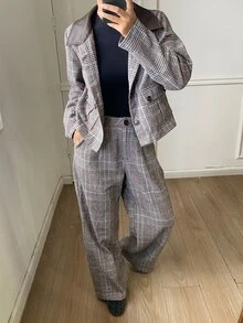 DAZY Women's Brown Plaid Lapel Button Pocket Long Sleeve Cropped Jacket With Matching High Waist Loose Wide Leg Long Pants 2 Pieces Set - Black - View 5