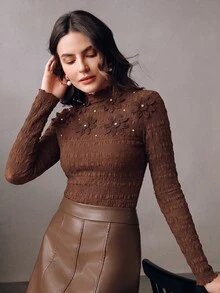 ملابس علوية نسائية من Anewsta بتصميم رومانسي أنيق منسوجة بنسيج بارز مع زهور ثلاثية الأبعاد ولؤلؤ وأكمام طويلة، مناسبة للحفلات والمواعيد والارتداء اليومي والتنسيق الطبقي والتنقل والمناسبات الأخرى - قهوة بني - مشاهدة 4