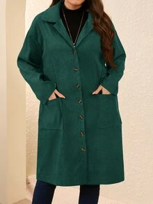 EMERY ROSE Plus Size Country Outfits Women Corduroy Double Pocket Button Placket Midi Coatan,Fall Women Clothes - Dark Green - View 5