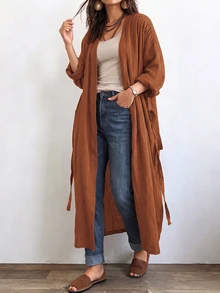 Linhara CURVE 女款長版休閒亞麻外套，適合外出與通勤的休閒外衣 - 珊瑚橙 - 查看 3