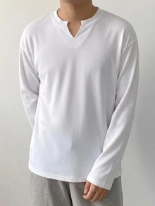 DAZY 男士白色針織面料小V領長袖T恤，適合春秋穿著 - 白色 - 查看 1