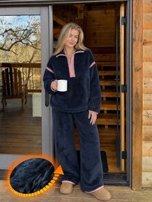 Livesso Women's Dropped Shoulder Long Sleeve Zipper Half-Placket Top And Pants Pajama Set - Navy Blue - View 6