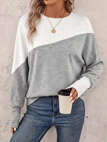 SHEIN LUNE 女款拼色休閒日常長袖運動衫 - 灰色 - 查看 4