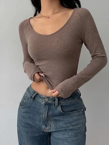 SHEIN BASICS Stylish Women's Ribbed Knit U Neck Long Sleeve Crop Top Perfect For Everyday Winter Wear Fall/Winter Winter Warmth - Brown - View 4