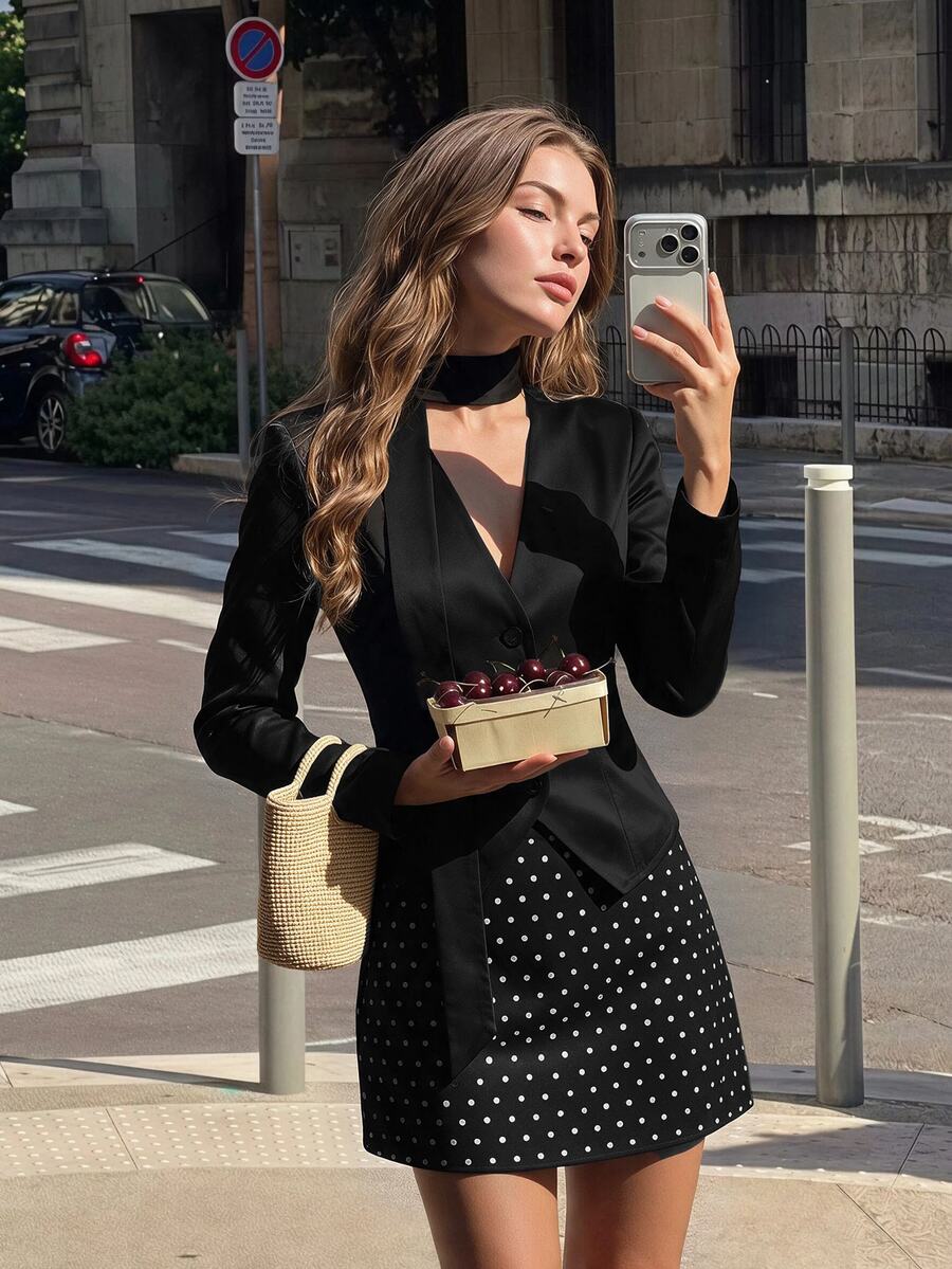SHEIN MOD 女款純色長袖夾克與波點迷你裙休閒套裝 - 黑色 - 查看 1