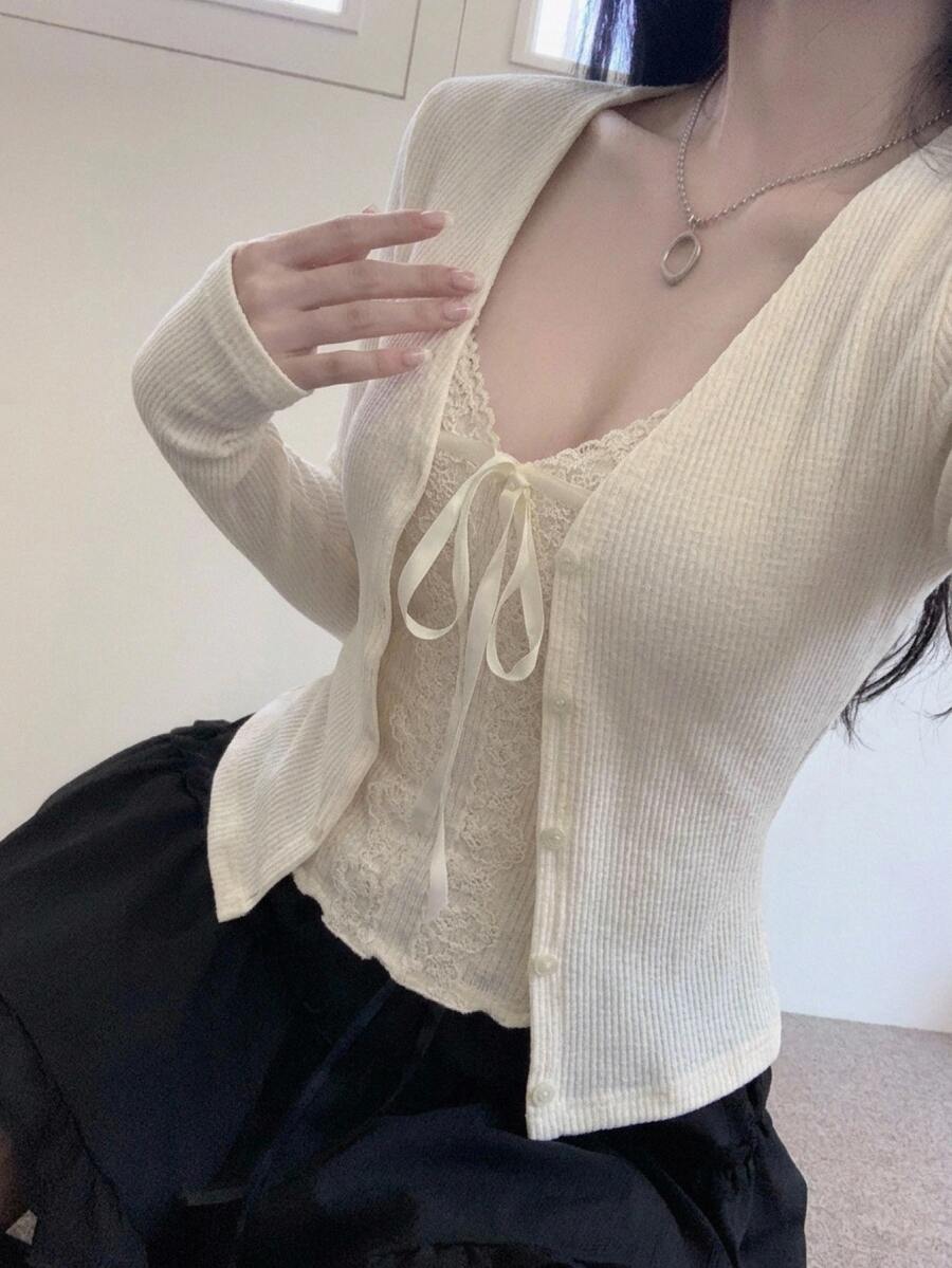 DAZY Contrast Lace Trim Tie-Front Cropped Camisole & Fitted Long Sleeve Cardigan Casual Vacation Korean Style Spring Autumn 2 Pieces Set For Women Y2k - Apricot - View 1