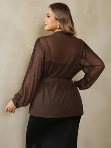 SHEIN CURVE+ Atasan Wanita Ukuran Besar Warna Polos Berbahan Jala Berlipit Lengan Panjang dengan Simpul Pinggang - Coklat - View 2