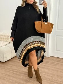 SHEIN CURVE+ فستان كنزة بياقة عالية من الجاكار بألوان متباينة مقاس كبير - متعدد الألوان - مشاهدة 4