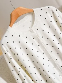CosyJoli Women's White Polka Dot Round Neck Long Sleeve Single-Breasted Versatile Cardigan - White - View 4