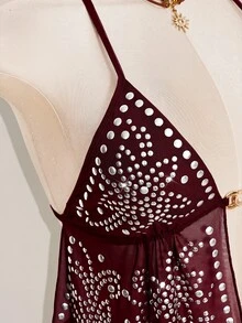 SHEIN ICON ملابس علوية نسائية Y2k سوداء مثيرة بتصميم قوطي مع مسامير معدنية وشبكة برقبة معلقة وحافة مشقوقة مثيرة - عنابي اللون - مشاهدة 10