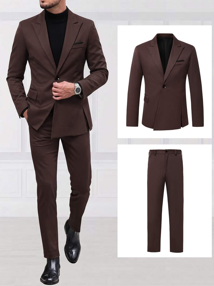 Manfinity Mode Setelan Jas Pria Lengan Panjang dan Celana Panjang Warna Polos Mewah untuk Bisnis, 2 Potong - Coklat - View 1