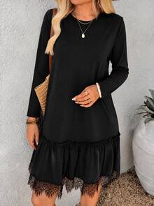 EMERY ROSE Women's Solid Color Round Neck Long Sleeve Contrast Lace Ruffle Hem Casual Short Dress - Black - View 8