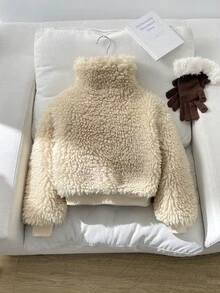 SHEIN Tween Girl Tween Girls Autumn/Winter Casual Fashion Thick Teddy Fleece Faux Fur Stand Collar Ribbed Cuffs Zipper Jacket With Pockets, Suitable For Back To School And Daily Wear - Khaki - View 2