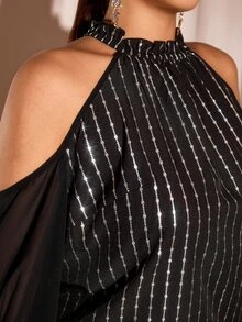 Cravure Plus Size Women Black & Silver Striped Cold Shoulder Long Sleeve Blouse, Suitable For Parties And Gatherings - Multicolor - View 3