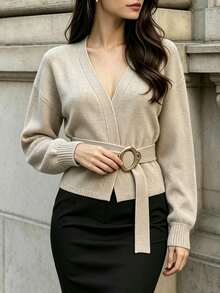Cévolie Women's Solid Color Metal Decor Casual Daily Cardigan - Apricot - View 6