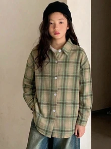 Dazy Kids Tween女孩 寬鬆格紋襯衫，全新秋季風格，長袖休閒外套上衣 - 綠色 - 查看 3