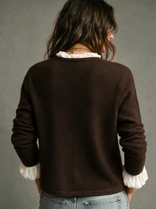SHEIN جاكيت محبوك قصير بياقة دائرية مزين بأزرار ذهبية وأكمام طويلة، كارديجان محبوك بلون موحد للنساء - قهوة بني - مشاهدة 2