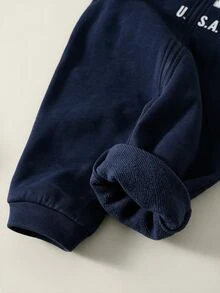 SHEIN 可愛休閒字母印花連帽連身衛衣，適合男嬰 - 藏蓝色 - 查看 4