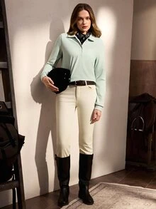 Nima Coro Women's Fashion Half-Open Knit Polo Shirt, Autumn/Winter - Lime Green - View 5