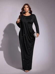 Viva Relle Plus Size Women's Black Starry Rhinestone Long Sleeve Evening Dress, Asymmetrical Ruched Draped Fitted Dress - Black - View 3