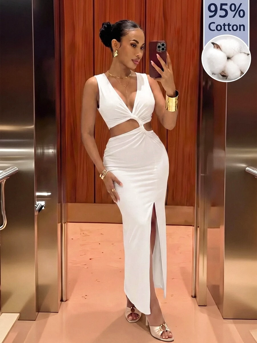 Slaydiva 女款超長深V領露腰大腿高開衩修身白色洋裝,適合婚禮季與生日派對 - 白色 - 查看 1