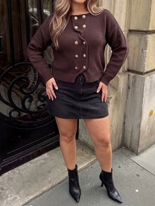 Vionelle Plus Size Luxury Asymmetrical Placket Metal Button Cardigan Sweater For Commuting And Dating - Coffee Brown - View 4
