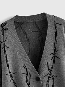 ROMWE Dark Gothic Halloween Thorn Jacquard Loose Open Front Cardigan - Grey - View 4