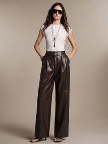 Anewsta Essential Celana Panjang Warna Kopi Musim Gugur, Celana Panjang Wanita PU Modern Modis untuk Perjalanan Santai dan Waktu Luang - Coffee Brown - View 8