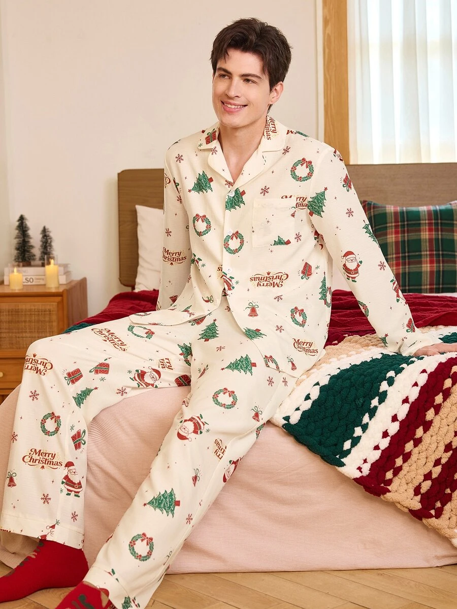CoupledUp Men's Christmas Casual Loungewear Long Sleeve Single-Breasted Top And Pants Set - Multicolor - View 1
