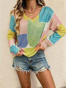 Vaclyn Women's V-Neck Long Sleeve Striped Loose Casual Sweater - Multicolor - View 5