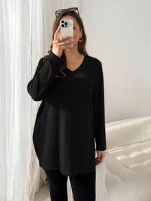 Shapeblank 大尺碼女款春秋時尚休閒寬鬆彈性舒適日常百搭顯瘦磨毛保暖面料杏色淺灰色V領長袖T恤，秋季長版上衣，秋季穿搭，外出上衣，極簡風 - 黑色 - 查看 5