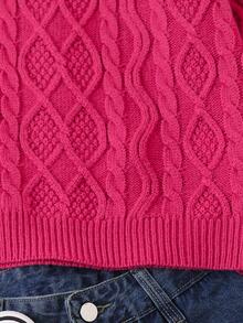 SHEIN Tween Girl Cable Knit Crew Neck Long Sleeve Casual Loose Sweater - Red - View 4