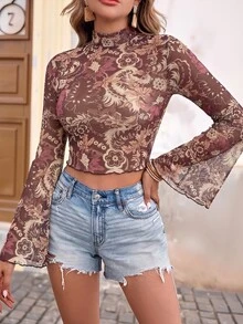 Brillora 花卉印花小立領喇叭袖透視短版網紗夏季女款波西米亞風沙灘上衣 - 酒紅色 - 查看 5