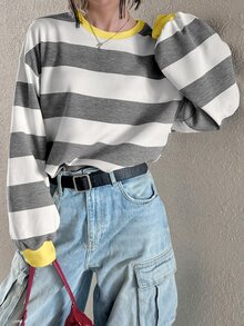 FRIFUL 女款藍白條紋圓領落肩長袖休閒街頭風T恤，適合校園秋季穿搭 - 黃色 - 查看 6