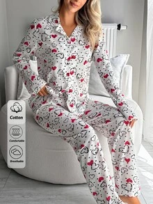 SHEIN Women 2 Pcs Button Front Hearts Pattern Homewear Cute Long Sleeve Pjm Set Sleep Shirt+Pants - Multicolor - View 7