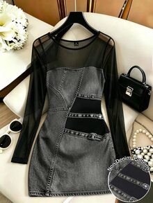 GlowEve CURVE Plus Size Casual Streetwear Stretch Mesh Patchwork Denim Print Bodycon Mini Dress - Grey - View 1