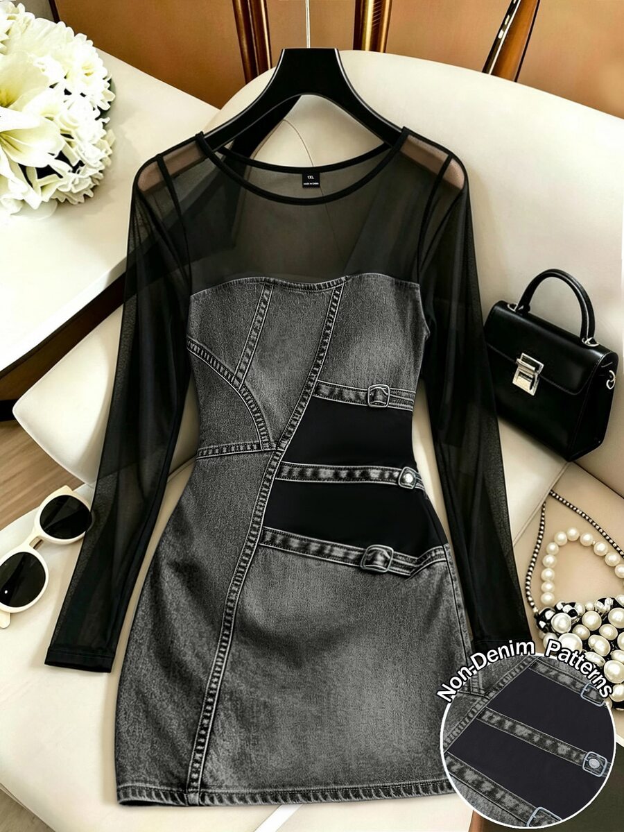 GlowEve CURVE Plus Size Casual Streetwear Stretch Mesh Patchwork Denim Print Bodycon Mini Dress - Grey - View 1