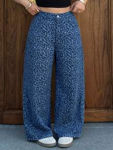 Livesso Dazy Plus Leopard Print Loose Street Style Long Plus Size Women's Jeans All Season - Medium Wash - View 3