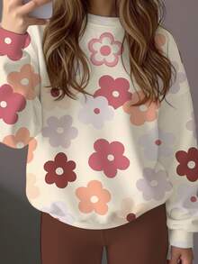 Tween Girls Casual Minimalist Cute Floral Pattern, Maillard Color Palette, Loose Round Neck Long Sleeve Sweatshirt & Flare Pants 2 Pieces Set, Suitable For Autumn/Winter, Fall Style, Fall Outfits, Winter, Autumn, Fall Sets - Multicolor - View 3