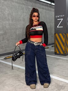SHEIN Unity Plus Size Streetwear Button Pocket Cargo Denim Jeans - Dark Wash - View 8