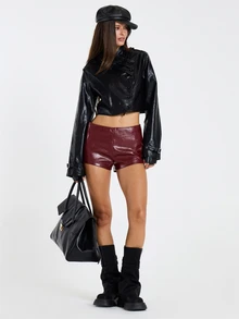 MUSERA Red PU Mini Micro Hot Pants Shorts Fall Winter Women Outfit Casual - Burgundy - View 4