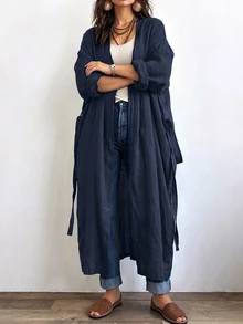 Linhara CURVE 女款長版休閒亞麻外套，適合外出與通勤的休閒外衣 - 藏蓝色 - 查看 6