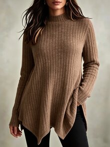 Velvienne Women's Plus Size Long Sleeve Casual T-Shirt, Asymmetrical Hem Design, Brushed Fabric, Autumn/Winter, Casual Commute, Outdoor Wear - Brown - View 3