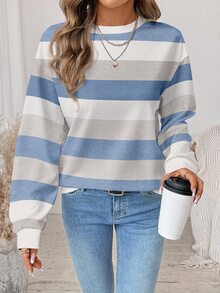 SHEIN LUNE 女款極簡條紋拼接配色長袖運動衫 - 白色 - 查看 1