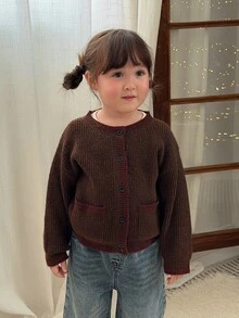 DAZY Sweater Bayi Perempuan Lengan Panjang Leher Bulat Warna Kontras Musim Gugur/Musim Dingin - Hijau - View 10